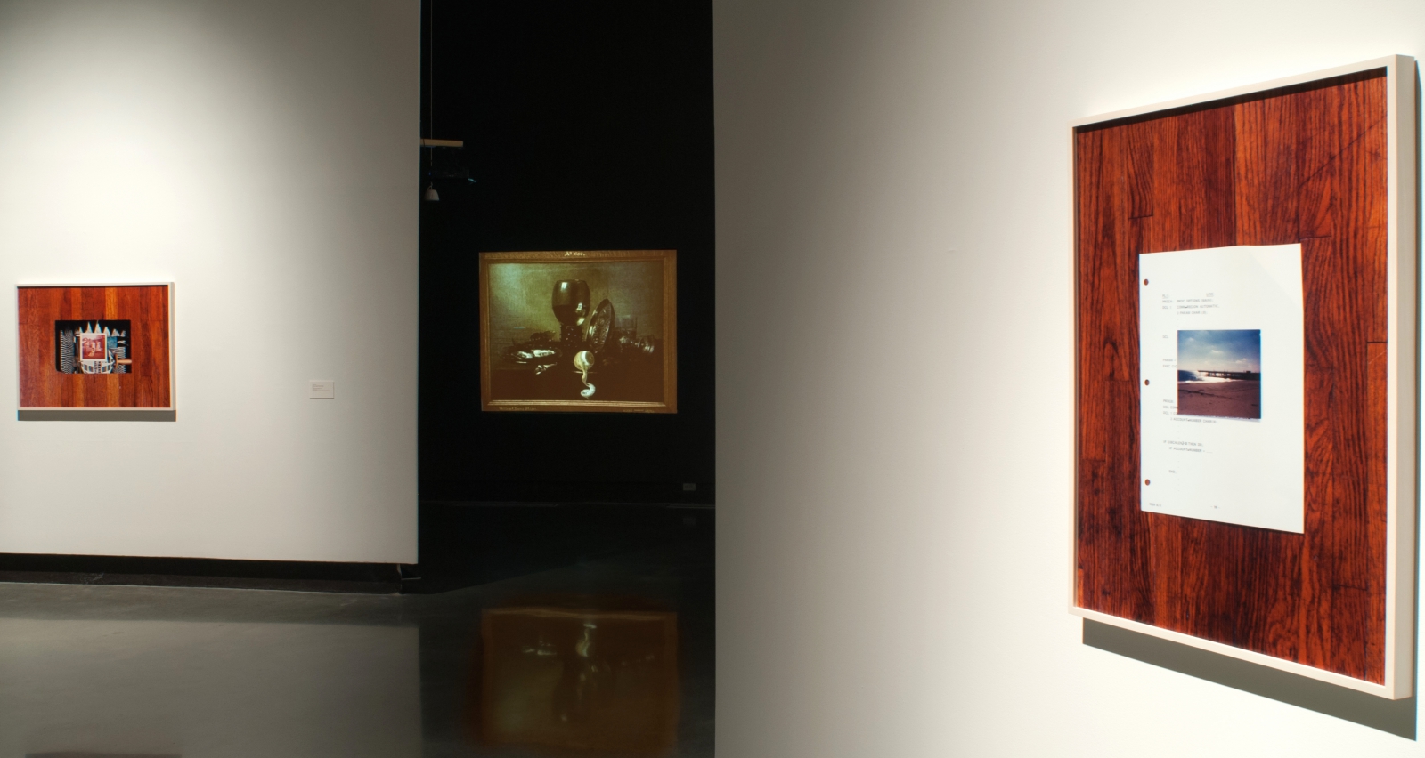 Installation view of Harun Farocki, 'Still Life,' 1997 and Leslie Hewitt, Riffs on Real Time (4 of 10), Right, (5 of 10), Left, 2013.